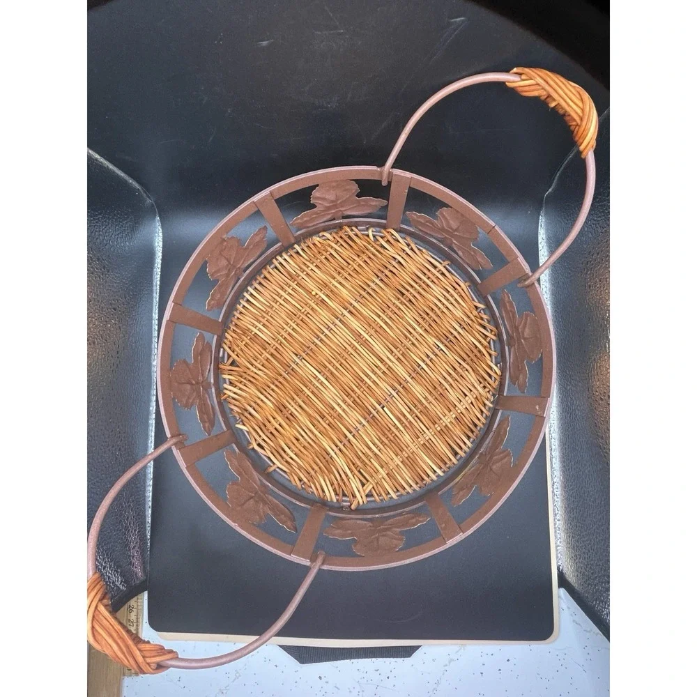 Vintage Metal & Rattan Round Basket w/ Handles and Leaf Accents‎ 8.5